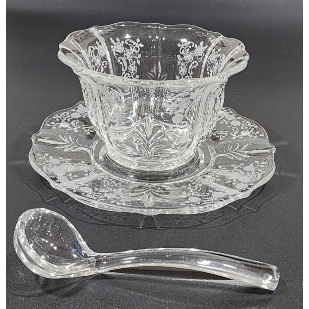 Vintage Fostoria Meadow Rose Baroque Mayonnaise Bowl Underplate Spoon